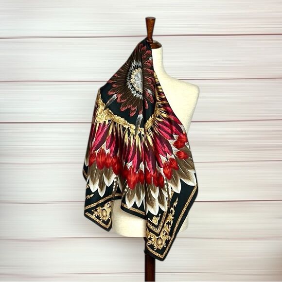 Echo Feather Pow Wow Silk Scarf Feather Pattern Red Taupe Black Gold Details - Picture 1 of 12